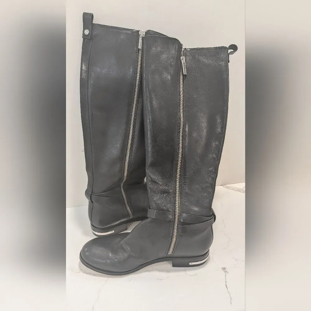 Michael Kors Arley Tall Riding Boots Black Leather Size 7 Silver Hardware Zipper